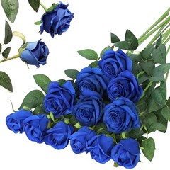 12PCS Artificial Silk Flowers Realistic Roses Bouquet 6 Flowers 6 Buds Blue