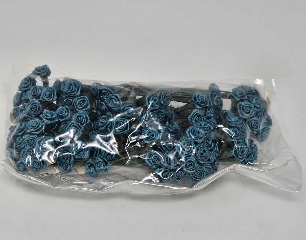 Lot 144 pcs Mini Tiny Teal Satin Ribbon Roses Flowers 10mm 3/8″ on Wire Stem