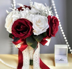 Wedding Bouquet Artificial Rose Burgundy White Ribbon Lace 10.2″x8.6″ S