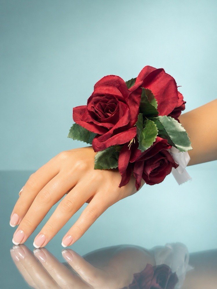 Vintage 1980s Silk Wrist Corsage Burgundy Double Rose White Ribbon, 5” FREE SHIP