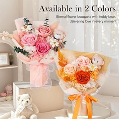 Preserved Flowers Bouquet with Bear, 3 Real Forever for Pink