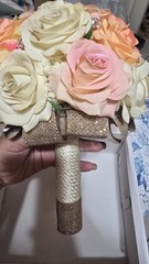 Handmade Faux Rose Bridal Bouquet Ivory Blush Peach Roses Rhinestone Accents
