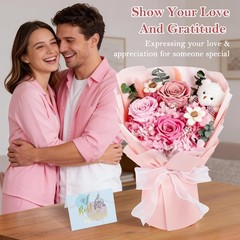 Shearly Preserved Flowers Bouquet with Bear, Forever Gift Pink
