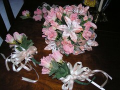 5Pc Wedding Pkg 12″ Bride Bouquet Silk Peach Roses & Lilies 3 Bridesmaid 1groom