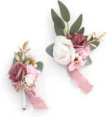 Dusty Rose Wrist Corsage and Boutonniere Set Artificial Light Pink White Rose Fl