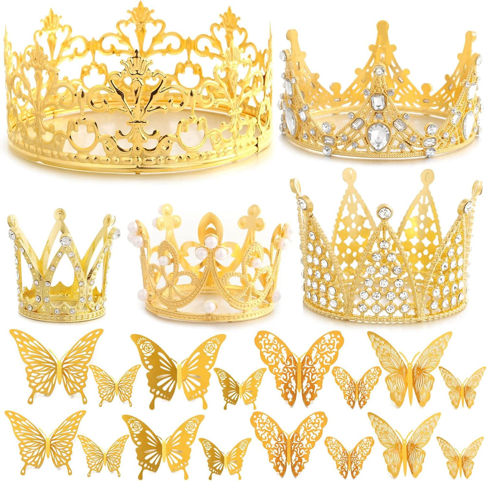 Billbotk 53 Pcs Flower Bouquet Accessories, 5 Pcs Gold Crowns and 48 Pcs Gold Bu