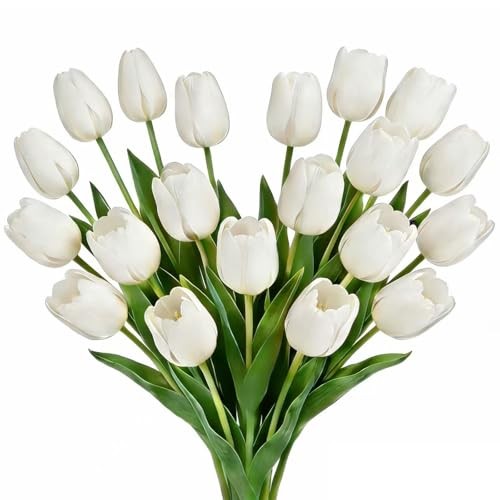 16 inch Fake Tulips Artificial Flowers, 20PCS Real Touch Fakes Tulip White