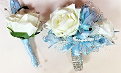 Light Blue and Ivory SILK Flower Wrist Corsage & Boutonniere Set, Prom, wedding