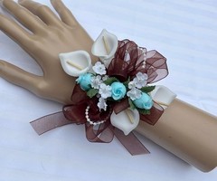 Wrist Corsage Aqua Pool Brown White Calla Lily Wedding Dance Prom Flowers