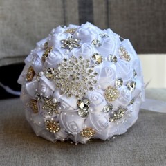 Handmade Luxury Rose Silk Pearls Rhinestone Brooch Wedding Bridal Bouquet Ivory