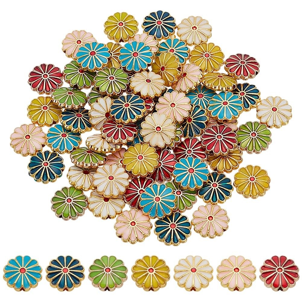 PH PandaHall 7 Colors Flower Enamel Beads 70pcs Daisy Spacer Beads 12mm Floral B
