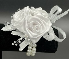 Handmade Bridal Satin Rose Wrist Corsage, Silver Anniversary Corsage 5″