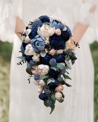 Pink Dusty Blue Bridal Cascade Bouquet Navy Sola Wood Bridesmaid Wedding Decor
