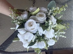 White Artificial Rose Bouquet w/ Matching Wrist Corsage and Boutonnière