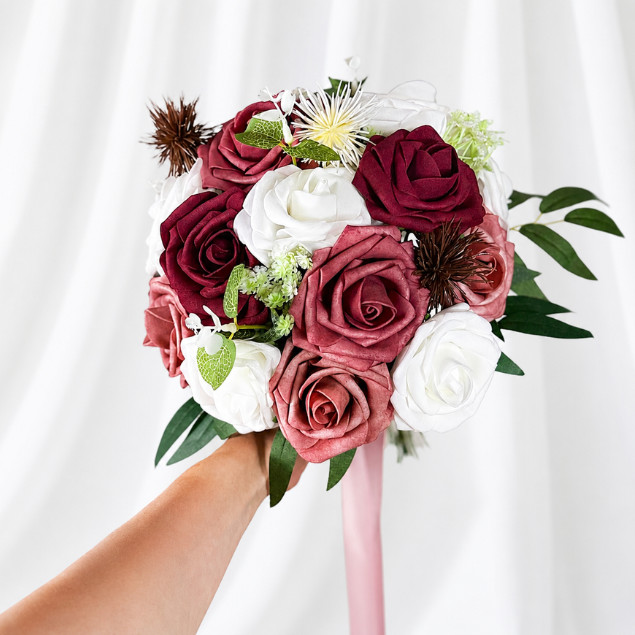 Burgundy Mauve Pink White Foam Rose Bridal Bouquet Boutonniere Wedding Set