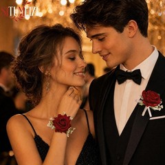Silk Red Rose Corsage and Boutonniere Set for Prom Wedding Party Gift Box