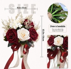 Wedding Bouquet Artificial Rose Burgundy White Ribbon Lace 10.2″x8.6″ S