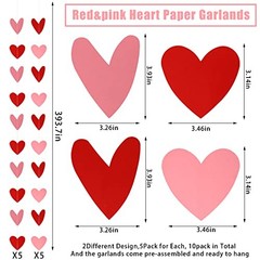 10 Pack Valentines Red Pink Heart Hanging Garland Banners Paper Heart Red＆pink