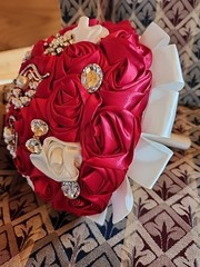 Bridal bouquet of Heart Rhinestones Red & White Roses satin flower