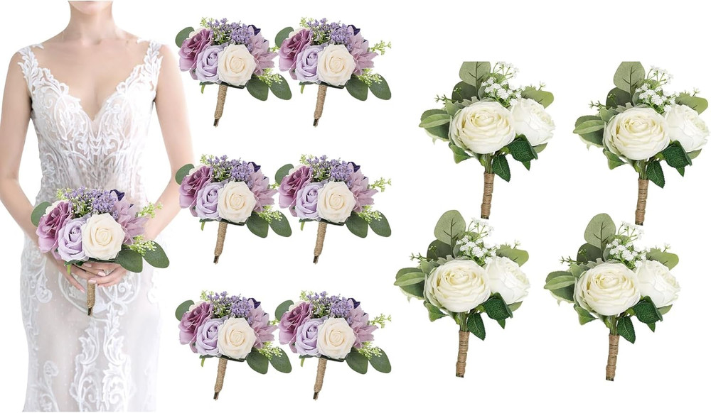 Lilac & Ivory Bridesmaid Bouquets Set for Elegant Wedding Decor 2024
