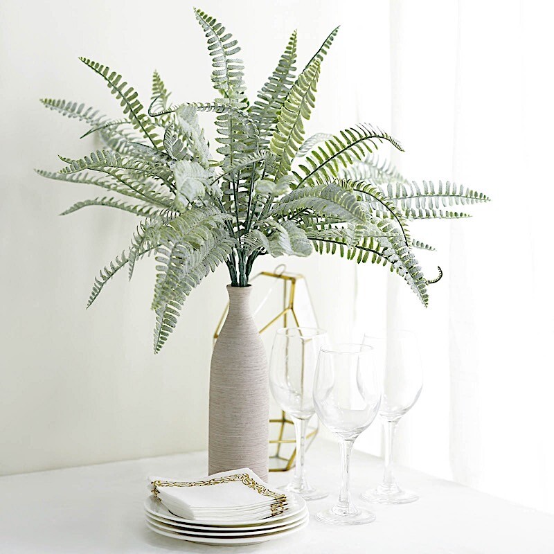 2 FROSTED GREEN 18″ Faux Boston Fern ARTIFICIAL LEAVES Greenery Stems Party Home