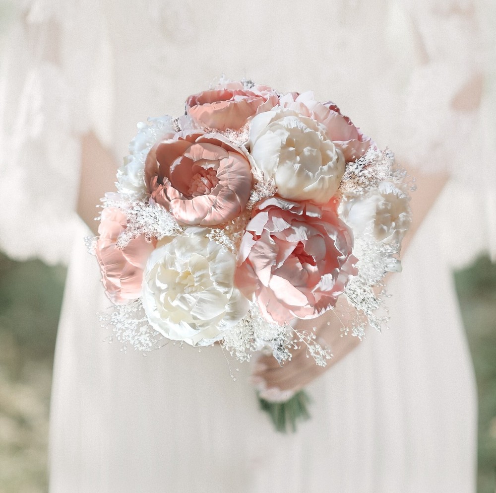 Blush Pink Peony White Bridal Bouquet Sola Wood Bark Wedding Flowers Bridesmaid
