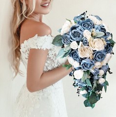 Dusty Blue Bridal Bouquet Ivory White Sola Wood Wedding Flowers Bridesmaid Prom