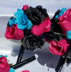 Wedding Bouquet Set – Black, Bright Pink, Turquoise Rose Flowers – 26 pieces