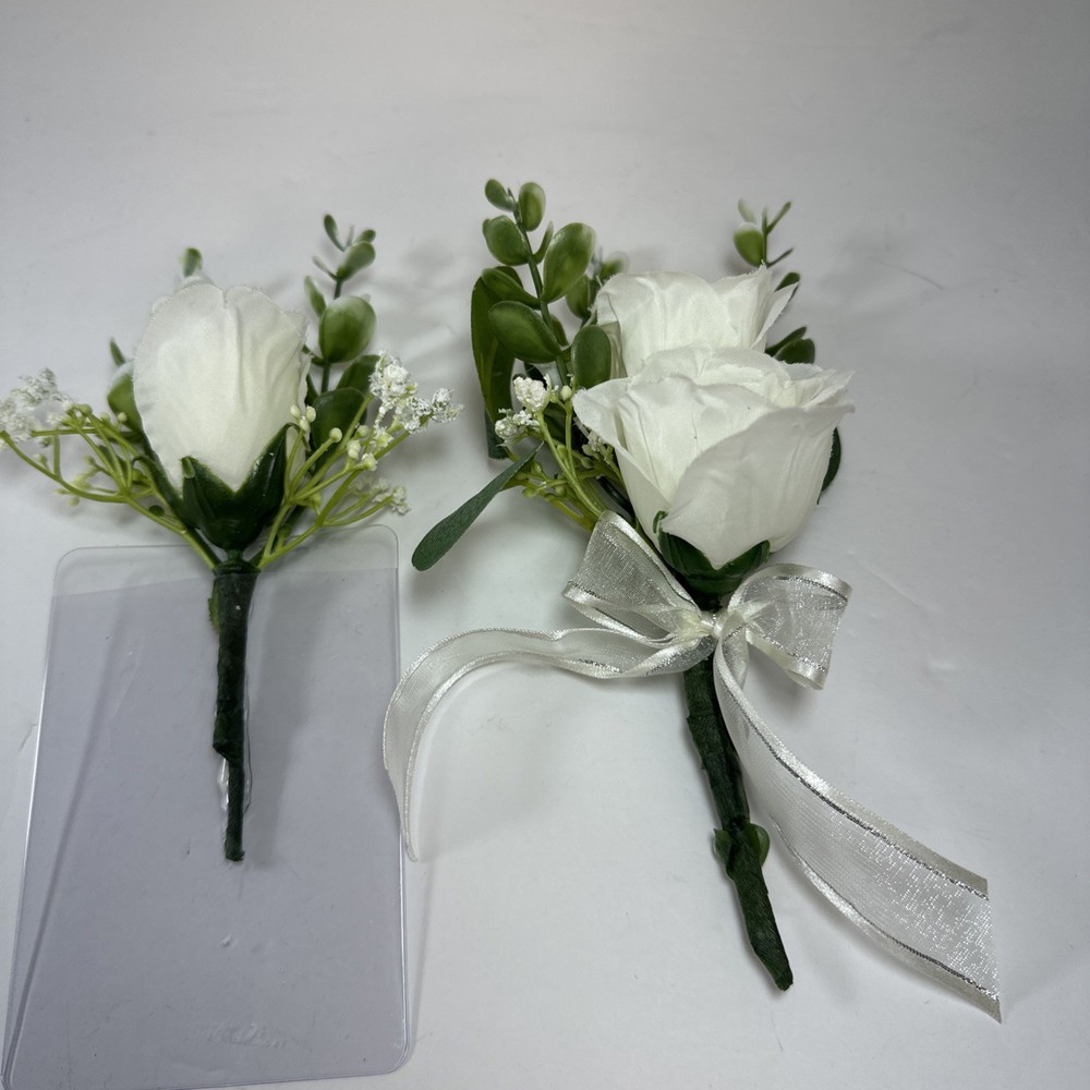 Corsage and Boutonniere Set Cream Ivory Roses Baby’s Breath Greenery Handmade