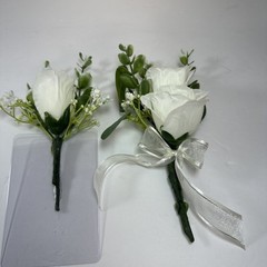Corsage and Boutonniere Set Cream Ivory Roses Baby’s Breath Greenery Handmade