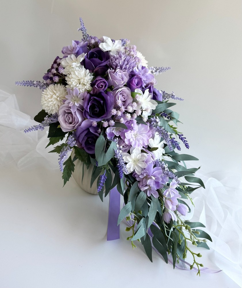Cascading Wedding Bouquet Purple Lavender Lilac White Flower Bouquets Faux Silk
