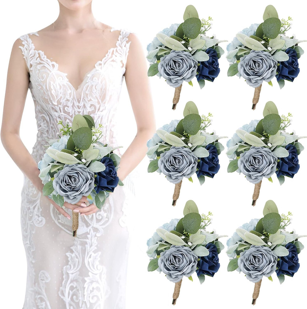 Bridesmaid Bouquets for Wedding 7 Inch- Set of 6 Artificial Flowers Bouquet Navy
