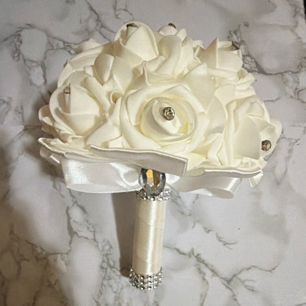 Artificial Silk White Rose Wedding Bouquet with Rhinestone Accents