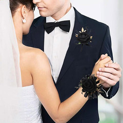 2Pcs Corsage and Boutonniere Set Rose Wrist Corsage Wristlet Band for Wedding Fl
