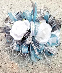Blue/Green, Agua/Teal SILK Flower Wrist Corsage & Boutonniere Set, Prom wedding