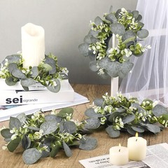 20 Pcs Wedding Candle Rings Green Eucalyptus Leaves Wreaths Artificial Leaf C…