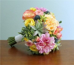 Silk Flower BRIDAL BOUQUET Pastel Rainbow Colors Dahlia Roses Ranunculus Thistle
