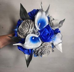 Royal Blue Silver Rose Calla Lily Sola Wood Bridal Wedding Bouquet Accessories