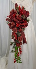 Roses and Ribbons Red Berry Cascade Faux Silk Wedding Bouquet