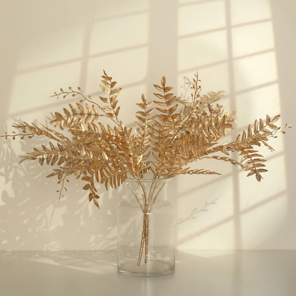 2 Gold 21 in Artificial Fern LEAF Branches Metallic Faux Greenery Stems Party