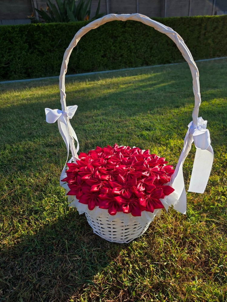 Red Ribbon Flower Basket – Handmade Decorative Gift Basket