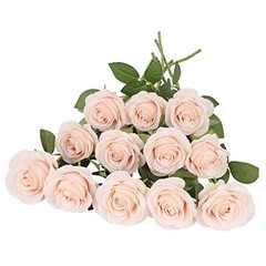 12pcs Roses Artificial Flowers Pink Fake Roses Flowers with Long 12PCS Blush