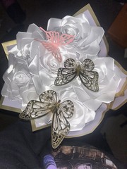 Homemade 7 Ribbon Rose Flower Bouquet In White With Pink And Golden Butterfly’s