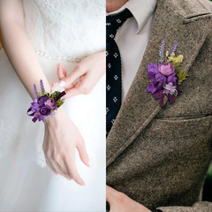 Wrist Corsage and Boutonniere Set, 1 Set Small Rose Purple Hand Flower for Prom
