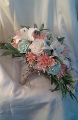 Pink, Mint Green, White Bouquet and Boutonniere, Wedding 2pc Set