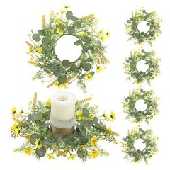6 Pcs Spring Daisy Candle Rings Wreaths for Kitchen Cabinet Artificial Yellow