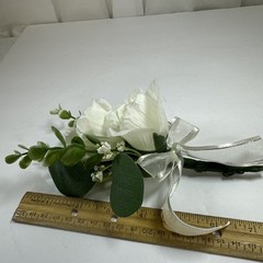 Corsage and Boutonniere Set Cream Ivory Roses Baby’s Breath Greenery Handmade