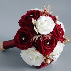 Wedding Romantic Flower Bouquet Artificial White and Wine Red Rose Flowers Props