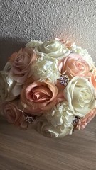 Handmade Faux Rose Bridal Bouquet Ivory Blush Peach Roses Rhinestone Accents