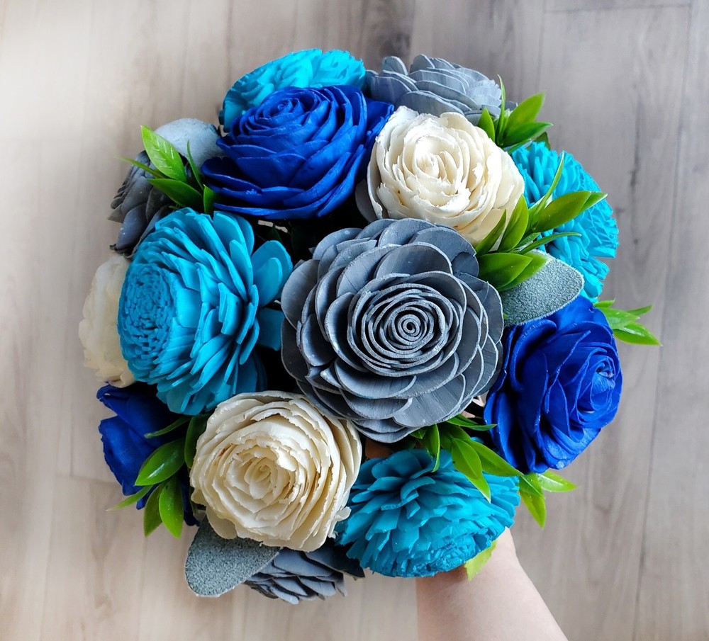 Royal Blue Turquoise Bridal Bouquet Sola Wood Wedding Bridesmaid Flowers Decor
